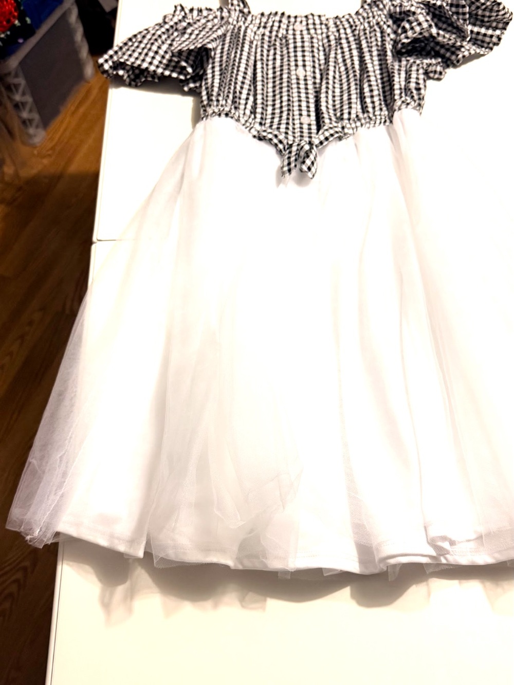 Bonnie Jean White Tulle Skirt with Black Gingham Bodice